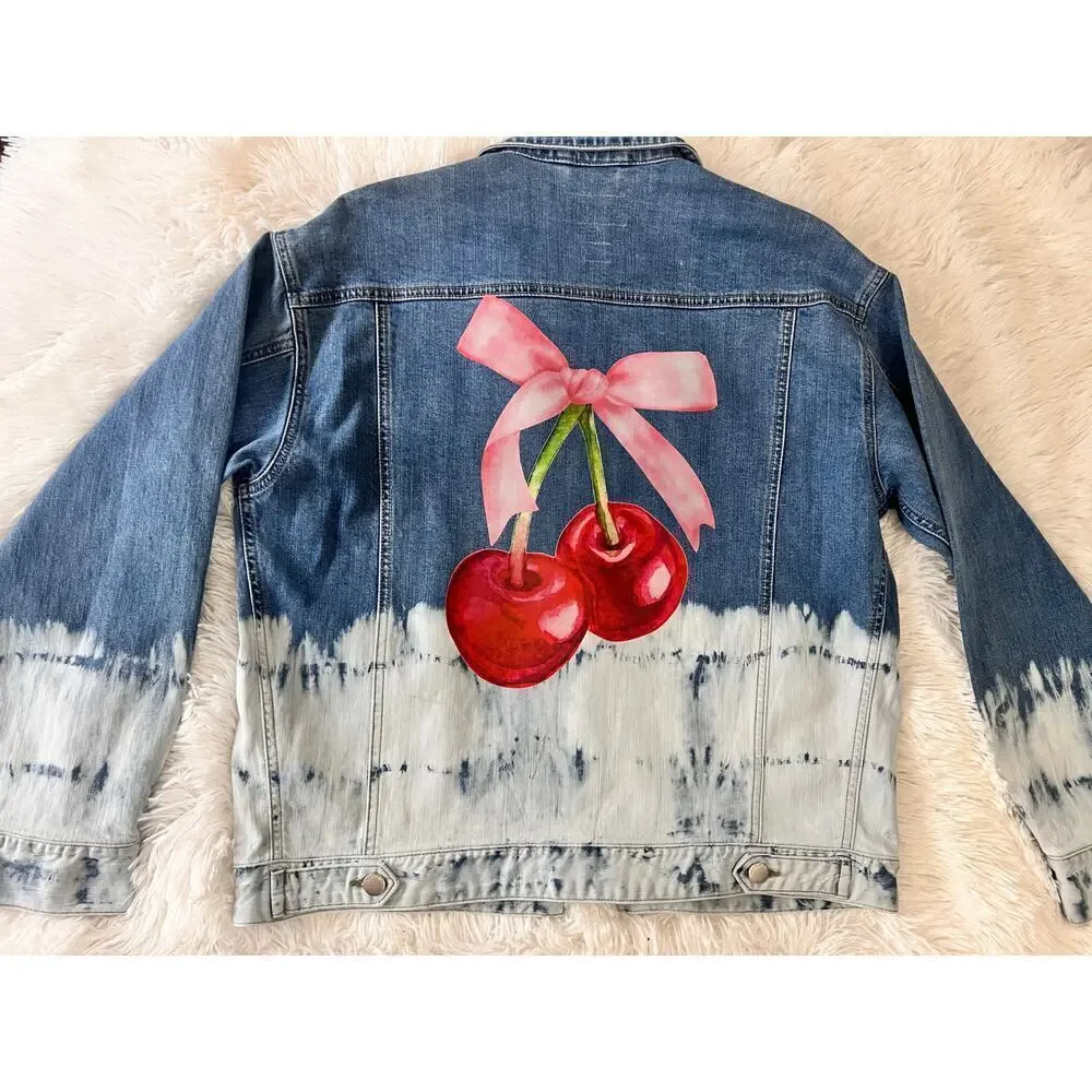 ☀️L.T.J. Letter to Juliet Dip Dye Pink Bow Cherries Denim Jean Jacket Size Small